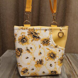 New Travel Sling Crossbody Yellow White Pebbled faux leather & Daisy fabric Gold